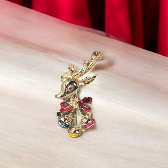 Christmas Rudolf Reindeer Brooch Pin Vintage Signed B.J. - Picture 3 of 7